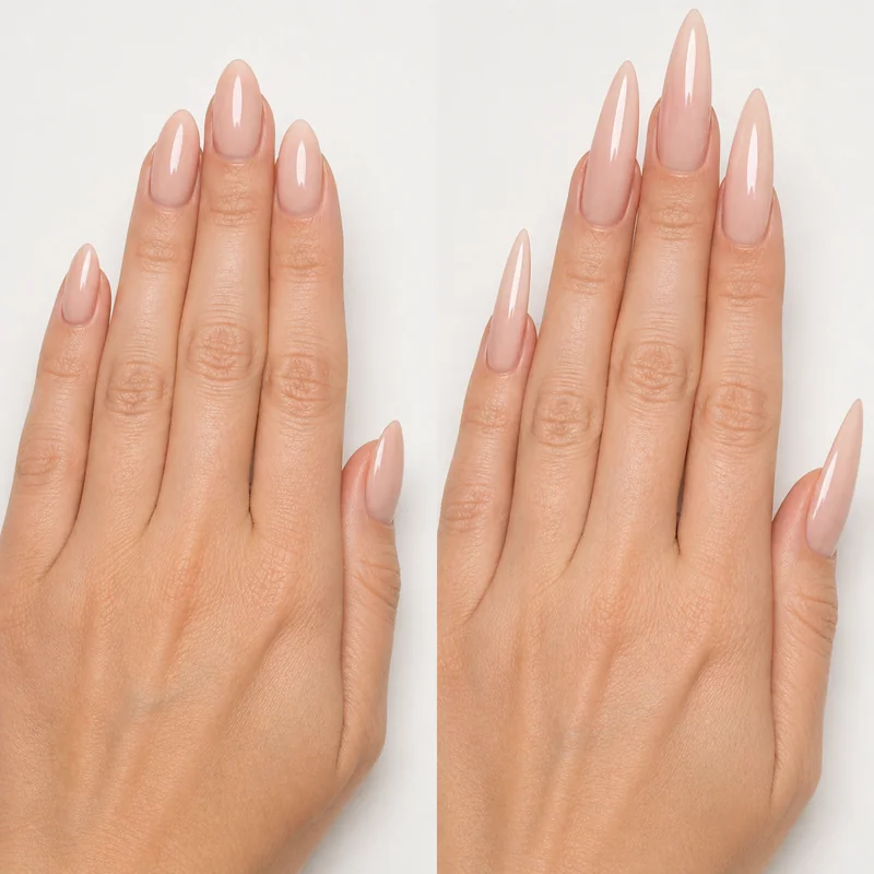 Medium almond nail compared to overlong almond nail showing how excessive length increases leverage force at stress zone and breakage risk