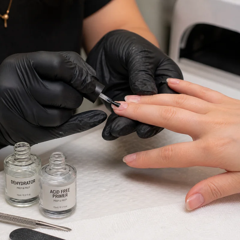 Nail prep steps showing dehydrator and primer application on nail plate before almond nail enhancement to prevent lifting and breakage