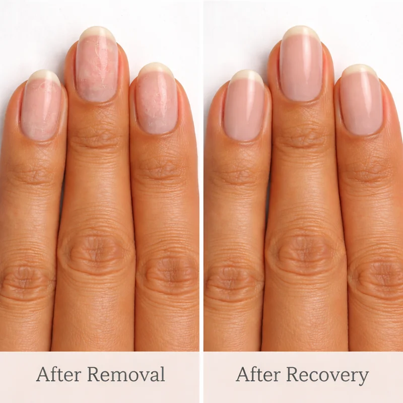 Natural nail recovery after almond nail enhancement removal showing bare growing nail plate versus healthy recovered nail after rest period