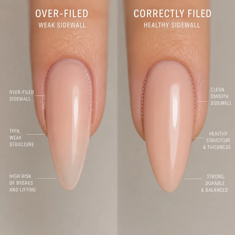 Over-filed almond nail sidewall versus correctly shaped sidewall showing translucent thinning that causes structural weakness and breakage