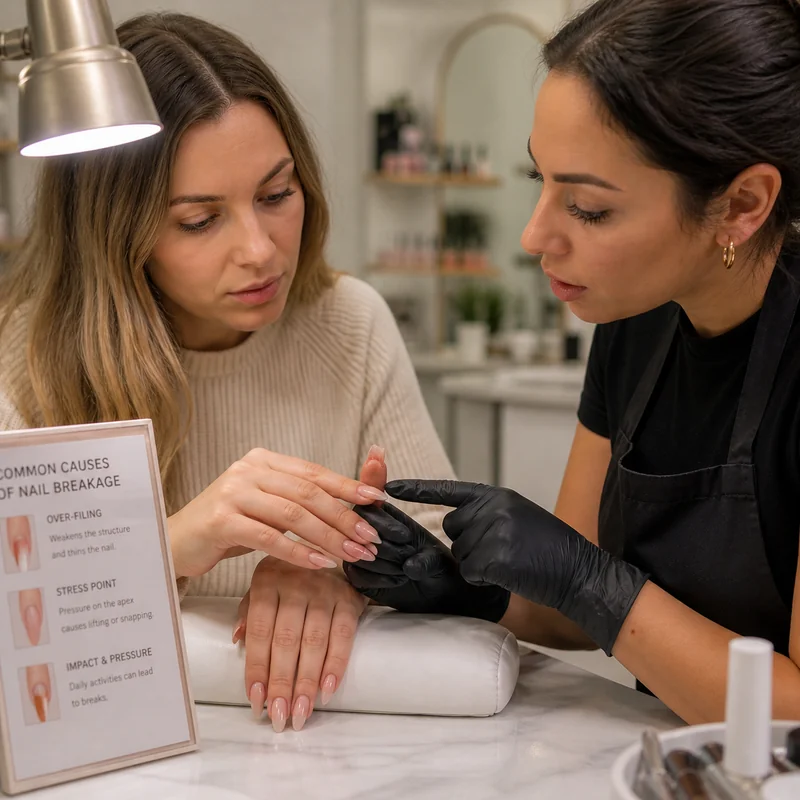 Nail salon consultation showing client and nail technician discussing almond nail breakage causes with close examination of stress zone area