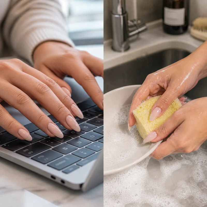 Hands typing on laptop keyboard and doing dishes without gloves showing daily lifestyle activities that stress almond nail tapered tips
