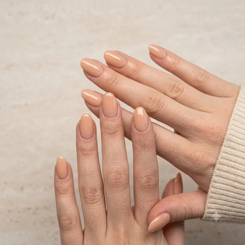 Short oval soft nude gel manicure with a glossy finish resting against a cream knit sleeve for a hydrated winter nail look