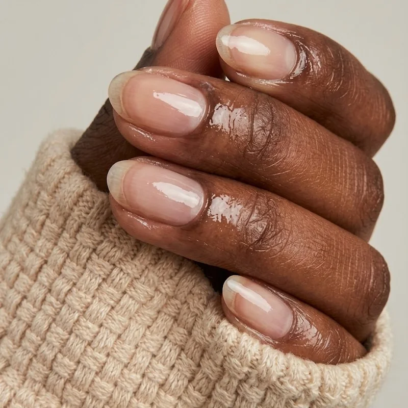 Glossy hydrated natural nails and cuticles against a cream sweater, the finish a thick hand cream leaves after sanitizing