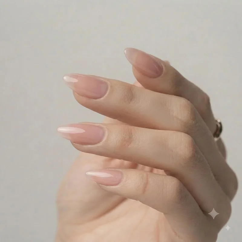 High shine sheer nude manicure with a crisp top coat, a sanitizer resistant finish for glossy winter nails that stay clear