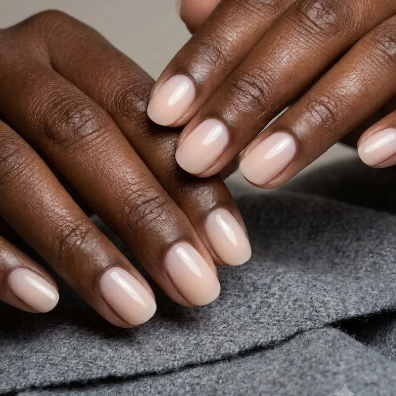 Neat short milky nude nails resting on a gray wool scarf, a clean winter manicure for hands that wash and sanitize often