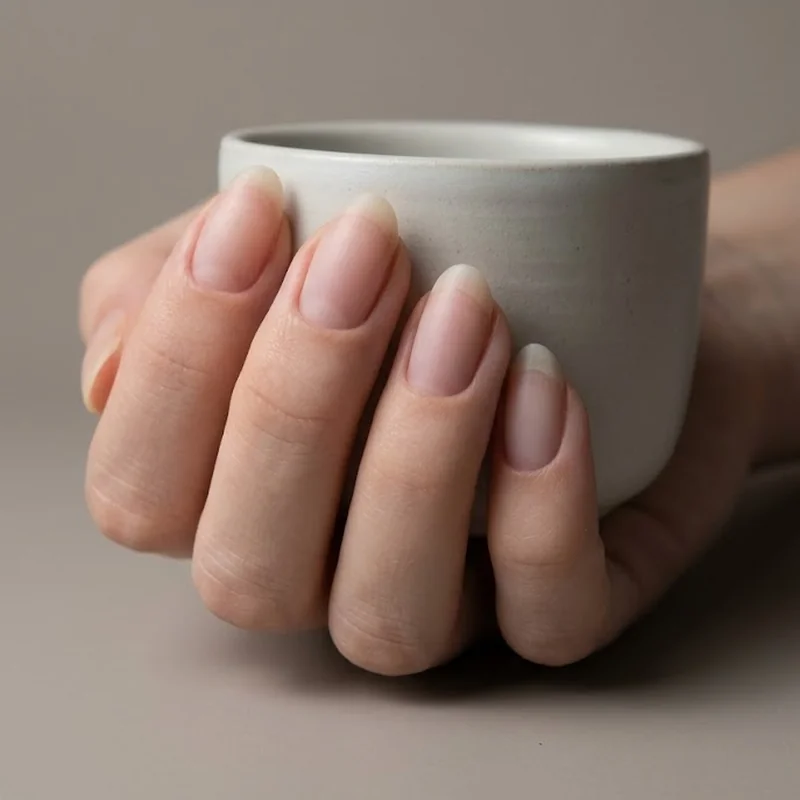 Smooth bare nails wrapped around a ceramic mug in cool winter light, a calm look for dry brittle nails that are recovering