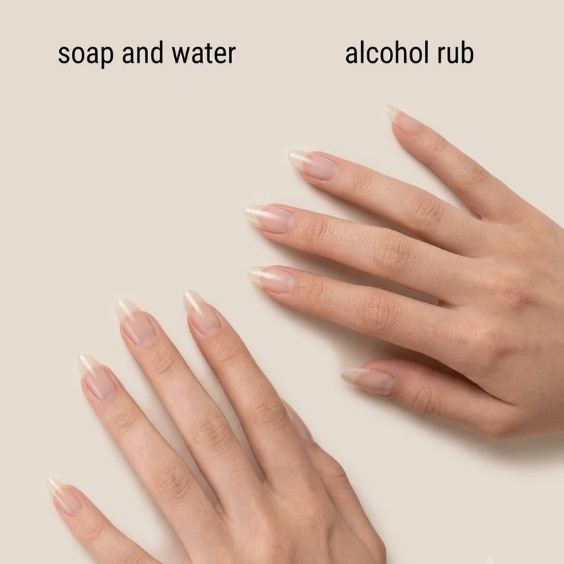 Infographic comparing soap and water with alcohol hand rub: germs removed, skin dryness, nail effect, and cream afterward