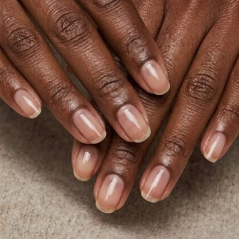 Glossy hydrated-looking natural nails resting on soft wool, a healthy look for nails after dry winter air and indoor heating