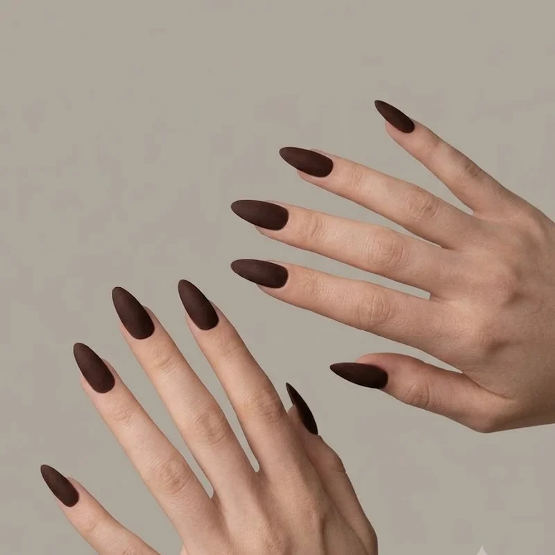 Almond nails in navy burgundy and frosted white showing a winter color story side by side