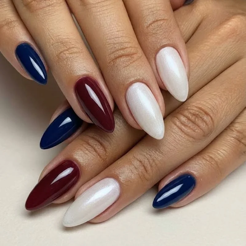Short almond winter nails in a nude winter shade with subtle shimmer finish