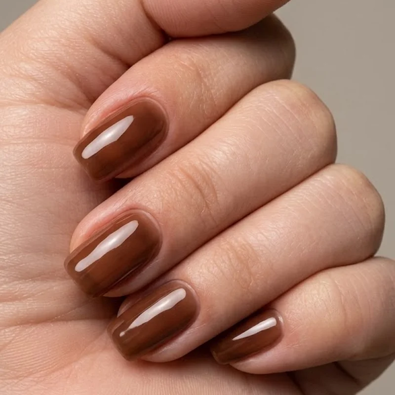 Fresh glossy brown manicure close-up, healthy shine winter chocolate nail finish