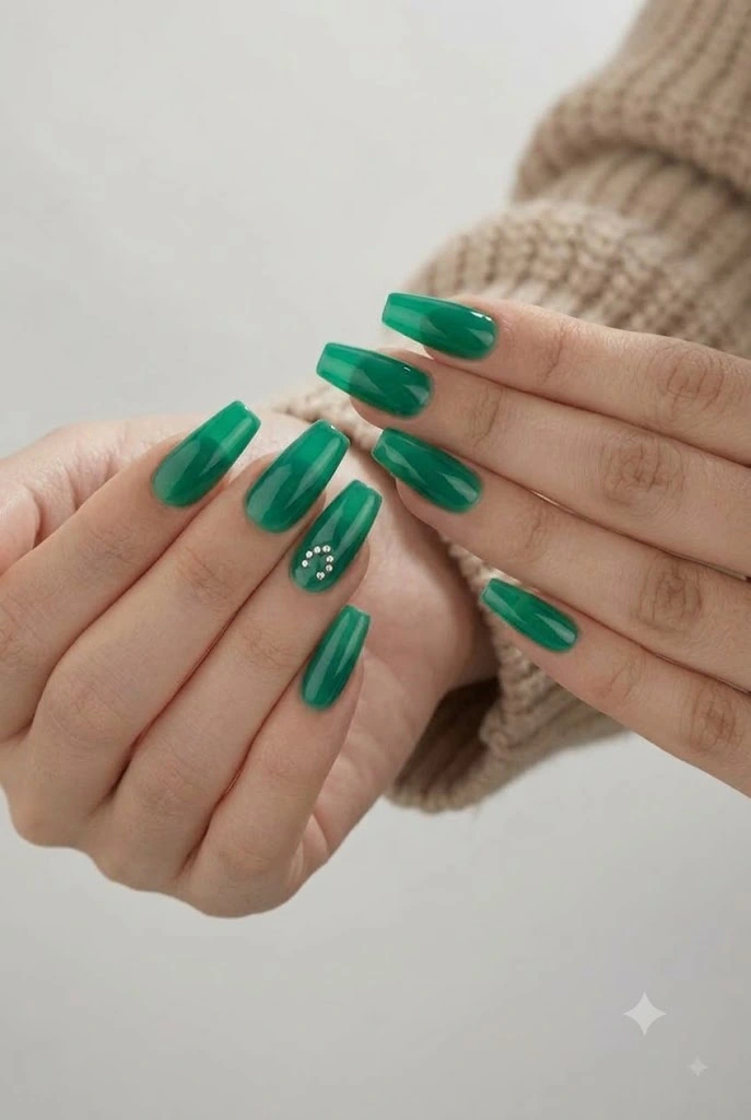 Medium coffin nails winter manicure in emerald shown against a knit sweater sleeve