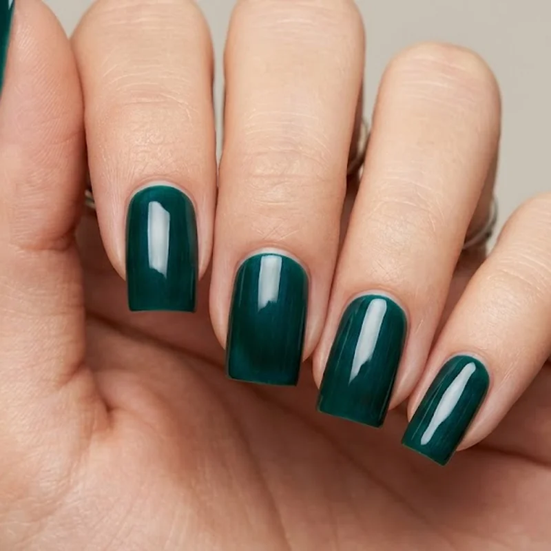 Square shape winter nails manicure in emerald jewel tone for coffin comparison