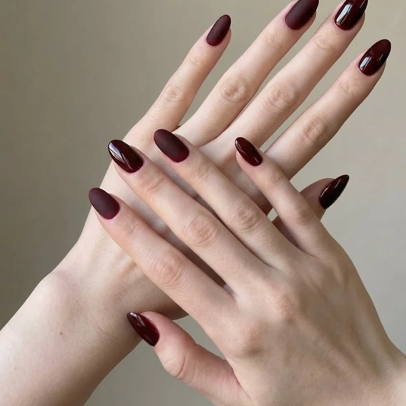 Almond shape dark academia winter manicure reference for salon request