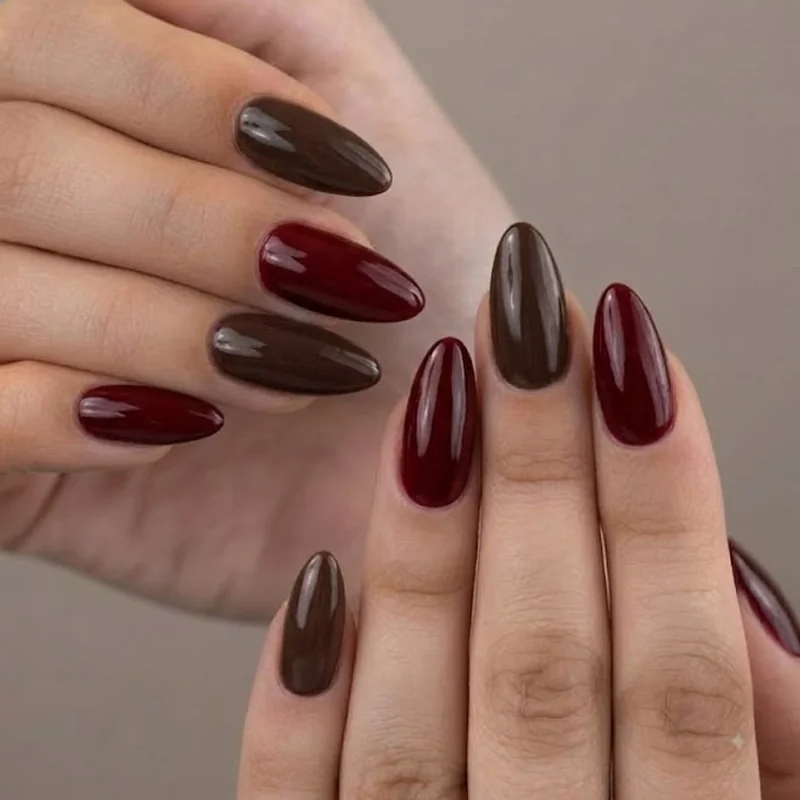 Close-up of oxblood and espresso brown dark academia winter nails color palette