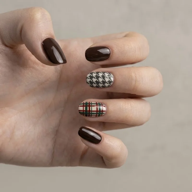 Plaid and houndstooth accent nail pattern in dark academia winter color palette
