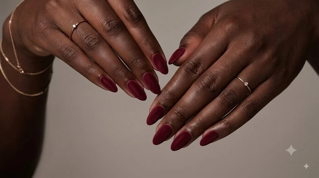 Matte winter nails in velvet burgundy shown on a cozy winter styled hand