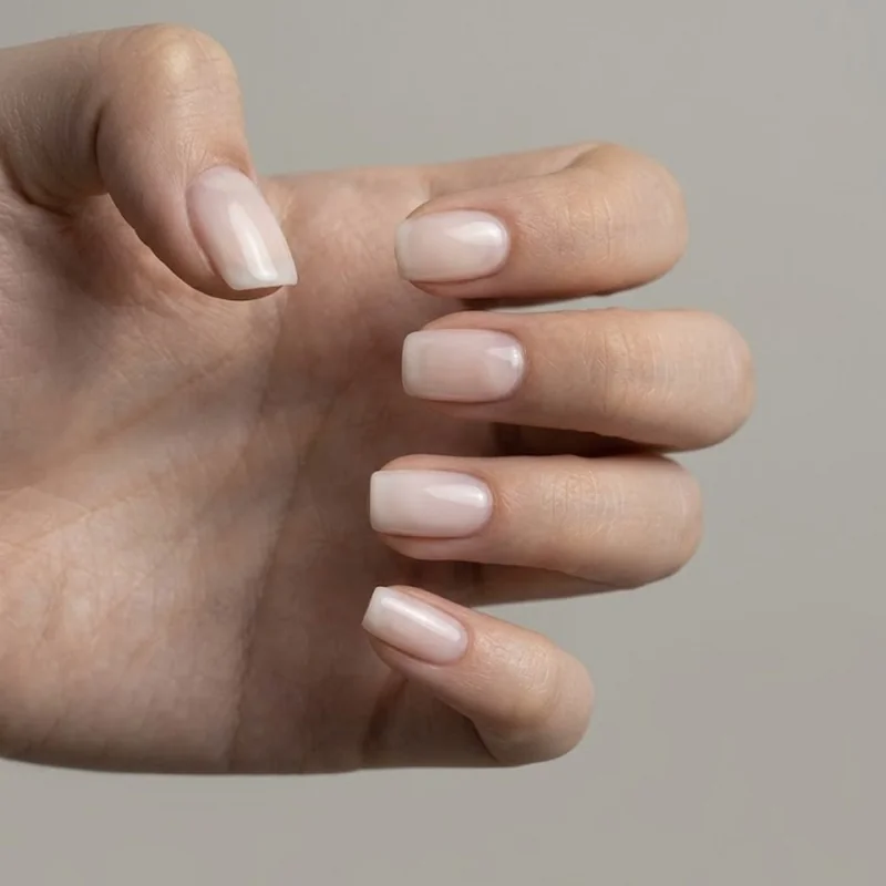 Short winter nails in a milky white glazed nude polish, styled with a soft, minimalist glossy winter finish look
