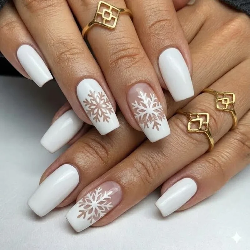 Stamped negative space snowflake manicure design over a crisp white winter base coat