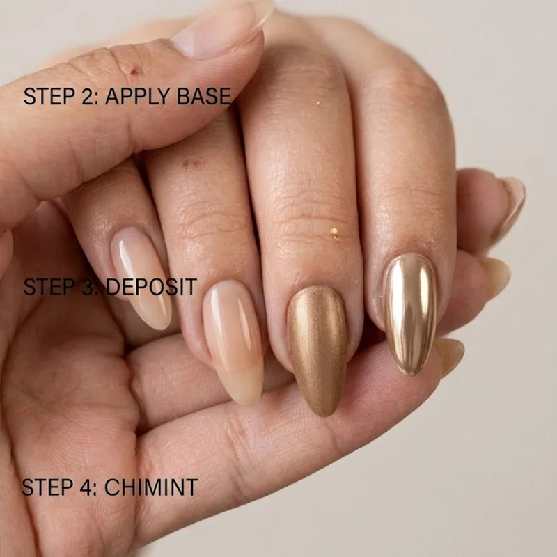 Step sequence infographic showing four stages of chrome nail application from base coat to buffing