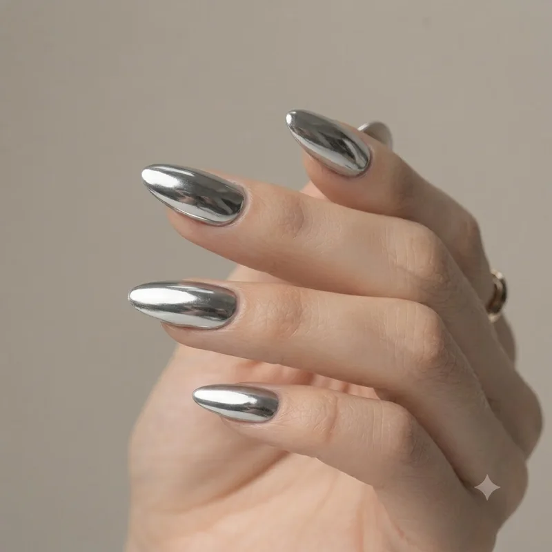 Chrome silver mirror finish winter nail colors 2026 manicure reflecting light on coffin nails