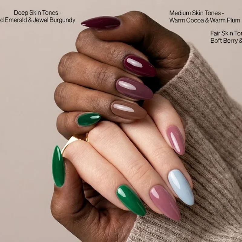 Winter nail colors 2026 skin tone matching guide showing best shade families for fair medium and deep skin