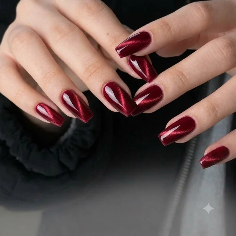 Glossy red velvet cat eye nail manicure, a bold winter statement look for 2026