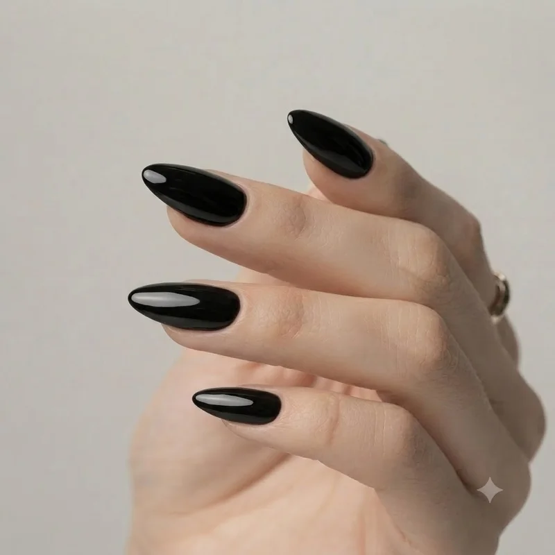 High shine black glossy statement nail manicure for bold winter nail ideas