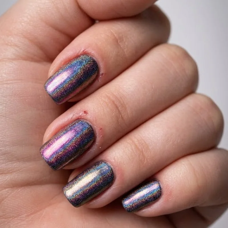 Holographic powder finish with rainbow shimmer shift for winter metallic nails