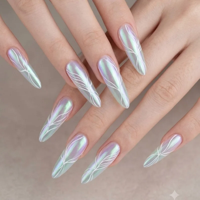 Iridescent aurora effect nail base with fine white linework for winter events