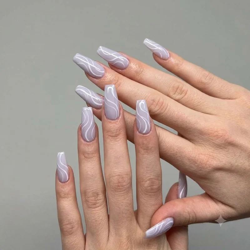Medium coffin acrylic nail set with soft swirl art for winter nail ideas