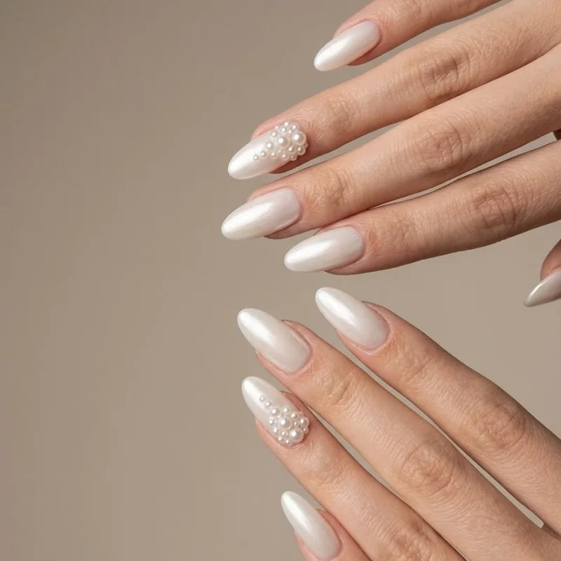 Pearl white manicure with 3D pearl gem accents for a classy winter event manicure
