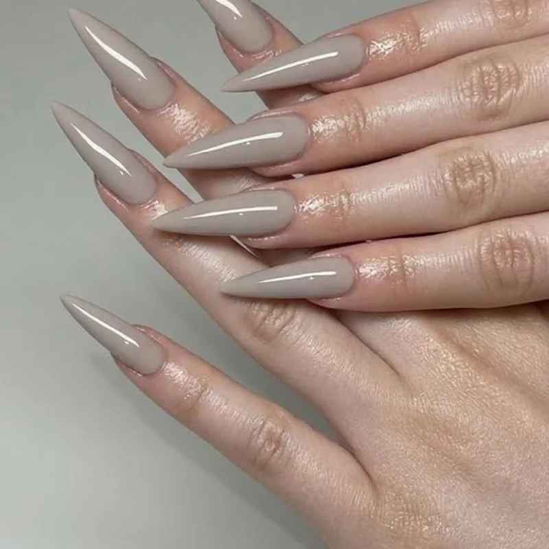 Soft taupe greige solid manicure with glossy top coat, an easy everyday winter nail idea