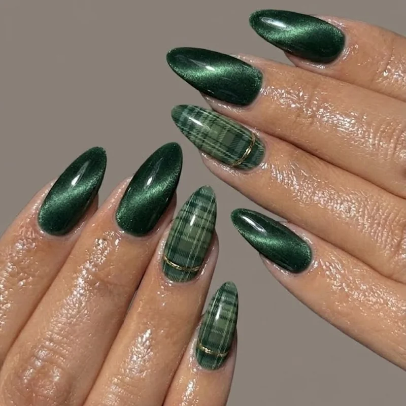 Velvet plaid hybrid nail design combining both cozy winter techniques on one set