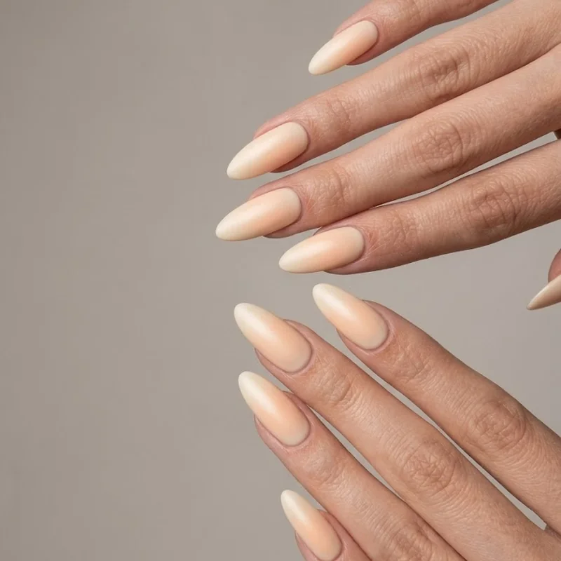 Creamy warm neutral cashmere manicure on almond shaped nails soft elevated winter finish
