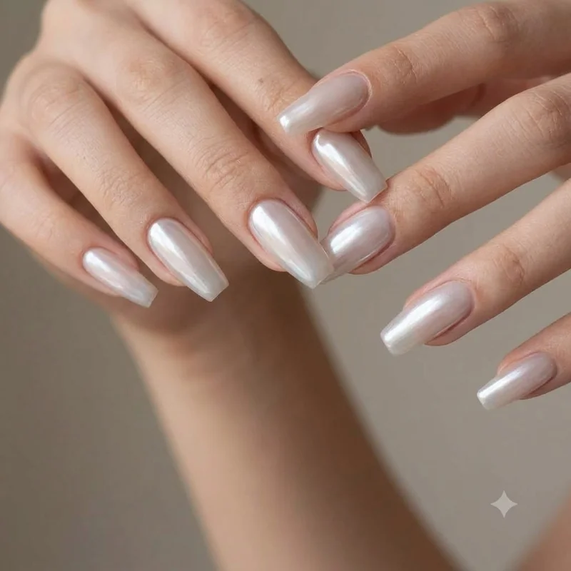 Soft glazed chrome manicure with milky pearlescent glow finish for winter nail trends 2026
