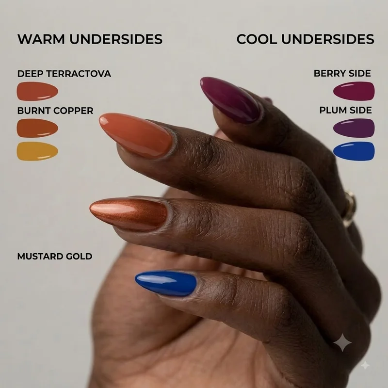 Infographic comparing warm undertone and cool undertone winter nail color swatches for dark skin