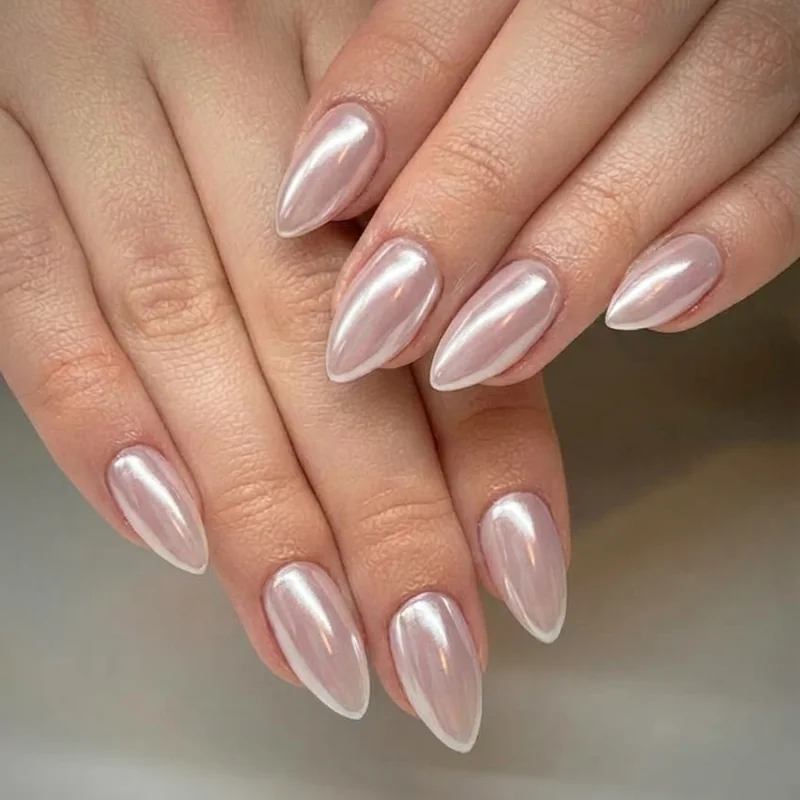 Full pearl chrome mirror finish winter wedding nails reflective glamorous manicure