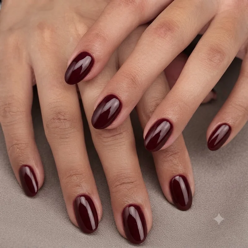 Deep burgundy manicure inspired by Zendaya 2024 Met Gala wine toned nail colour