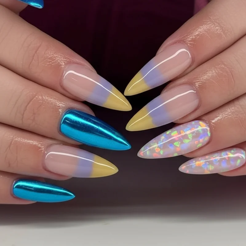 Air sign nails comparison showing Aquarius chrome futuristic finish versus Gemini dual-tone contrast and Libra refined pastel aesthetic differences