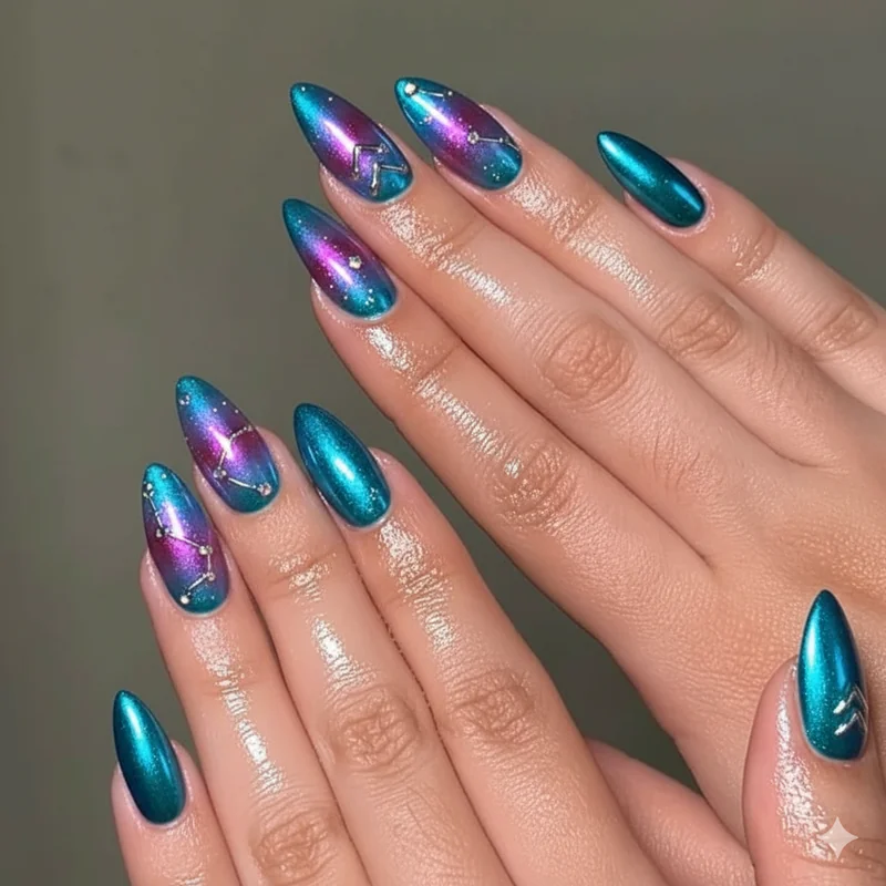 Aquarius birthday nails showing statement set with electric blue chrome garnet accent for January and amethyst periwinkle aura for February birthdays