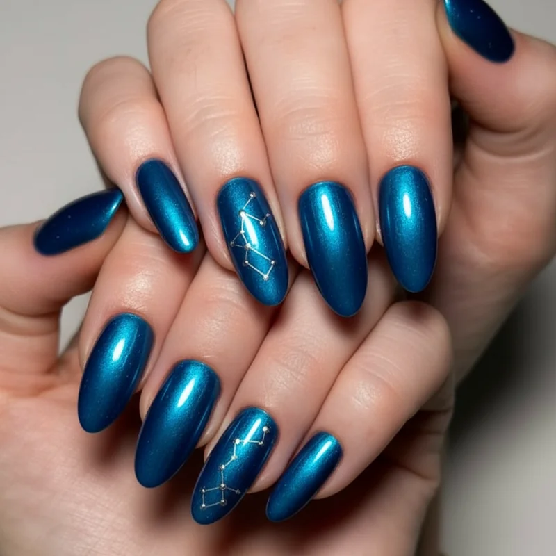 Aquarius nails on short nails showing electric blue chrome and minimal constellation design options that work at any length without requiring extensions