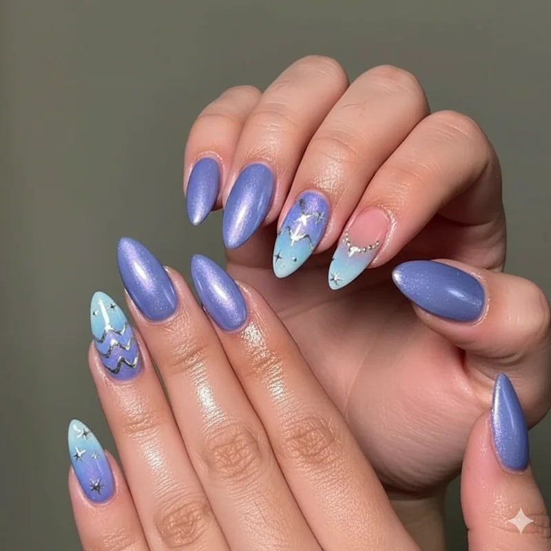 Aquarius nails worn year-round showing periwinkle chrome and icy blue aura finish as everyday aesthetic beyond January and February birthday season