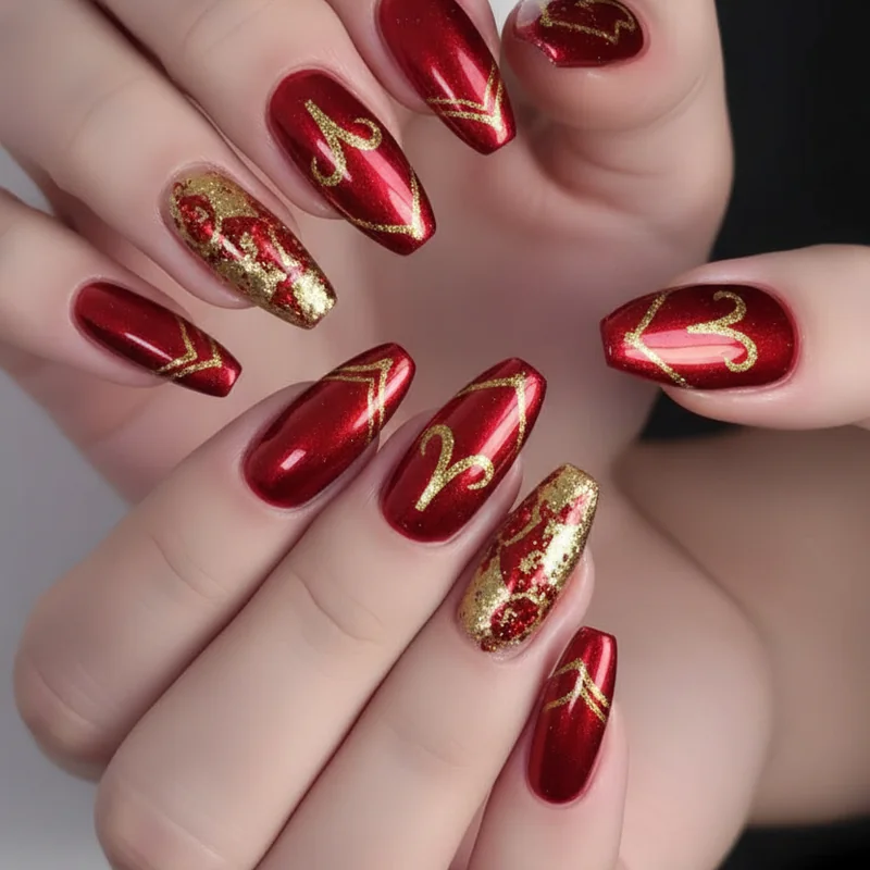 Aries birthday nail set featuring scarlet red gel base with gold Aries glyph accent and rose gold chrome on coffin almond shape