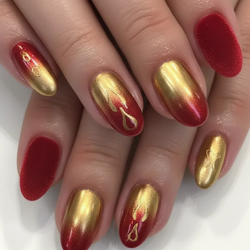 Modern Aries nail designs showing aura gradient red-orange velvet matte and rose gold chrome accent as alternatives to flame art