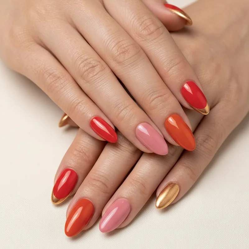 Aries nail colour palette showing scarlet red hot pink persimmon and metallic gold chrome swatches across skin tones