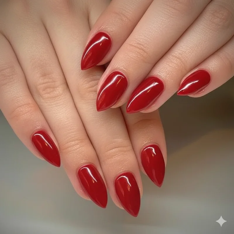 Aries nail shape comparison showing almond coffin stiletto in scarlet red gel for fire sign manicure shape decisions
