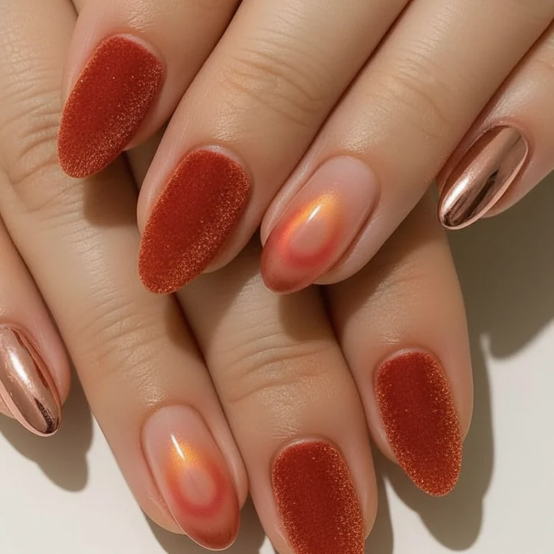 2026 Aries nail trends showing persimmon gel velvet matte red aura gradient and rose gold chrome modern fire sign nail designs