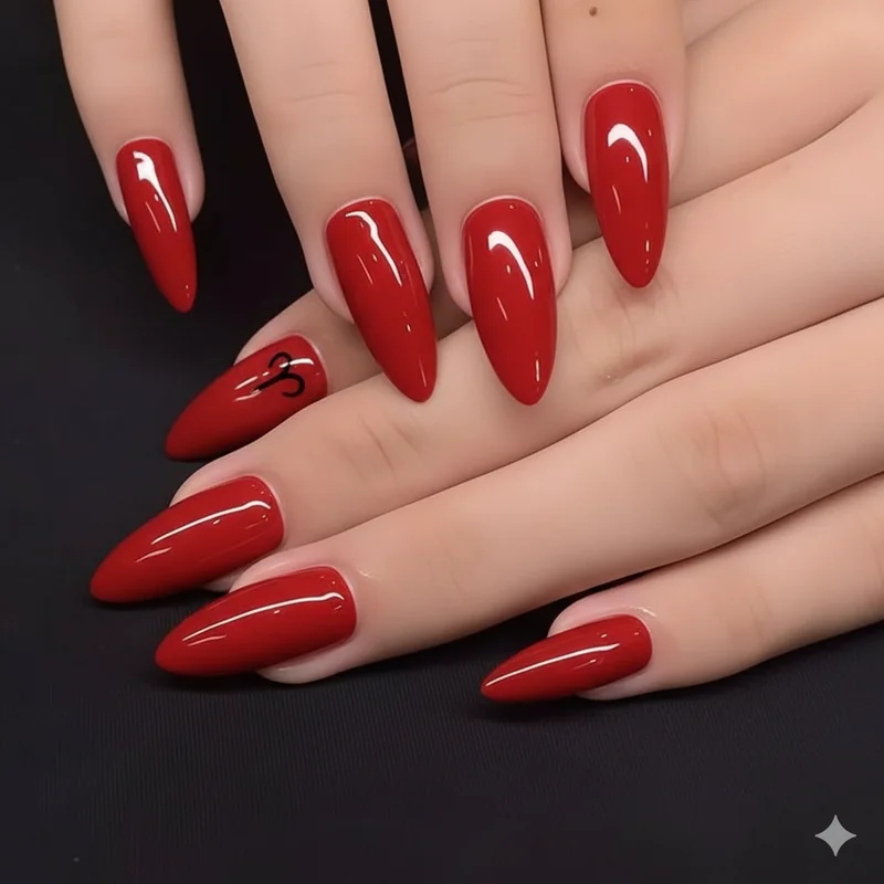 Aries nails on short nails showing scarlet red gel with gold glyph accent on round and almond shapes for fire sign manicure